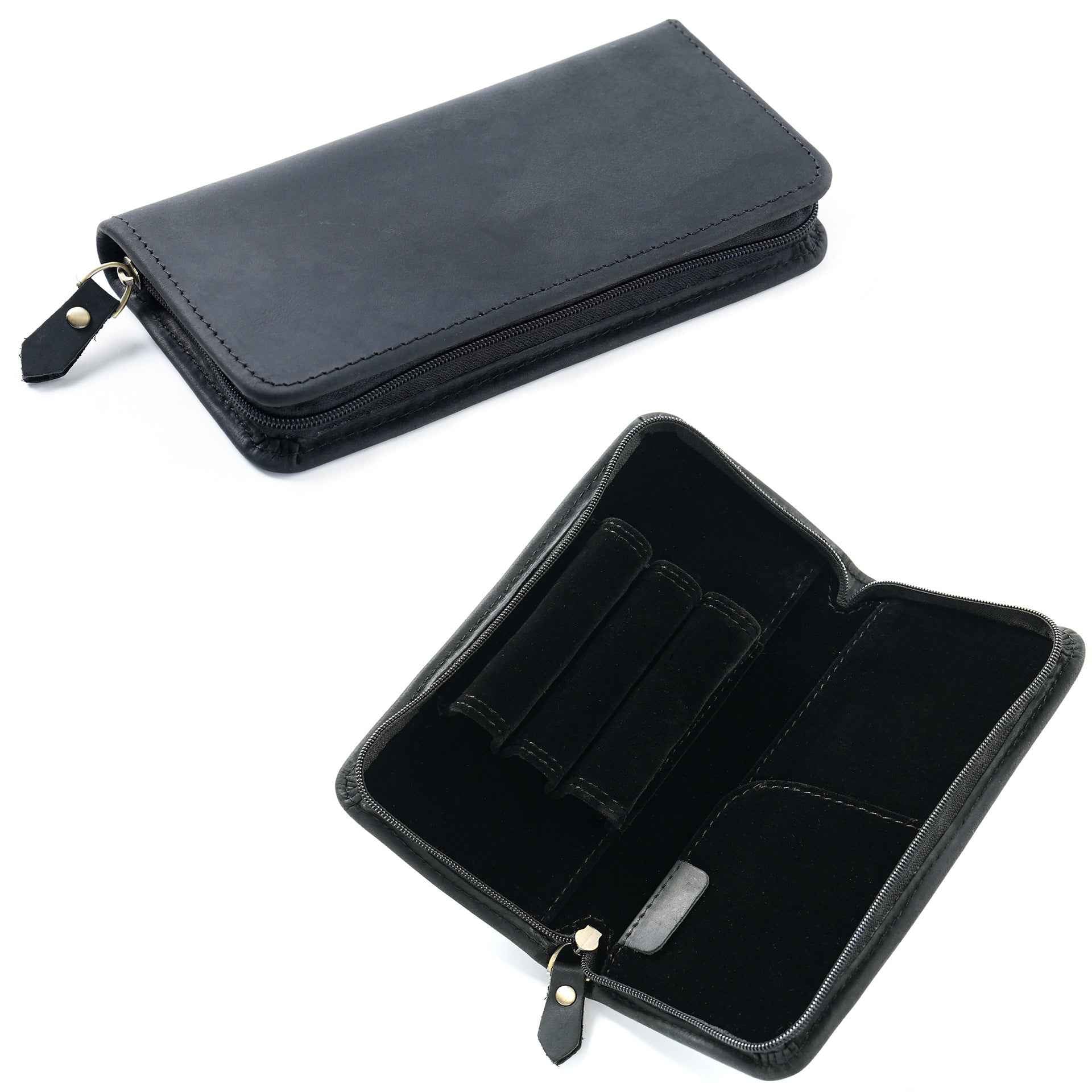 Crazy Horse Leather Fountain Pen Pouch Full-Grain Cowhide Zipper Case Black