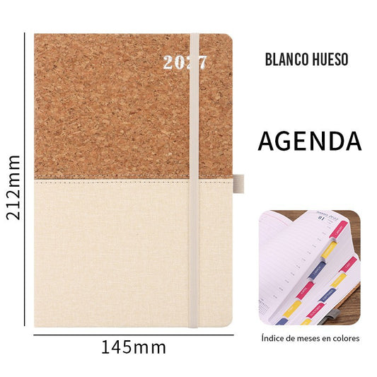 2027 A5 Planner & Business Notebook, Cork & Faux Leather Patchwork Cover, 152 Sheets, 145 × 210mm Beige