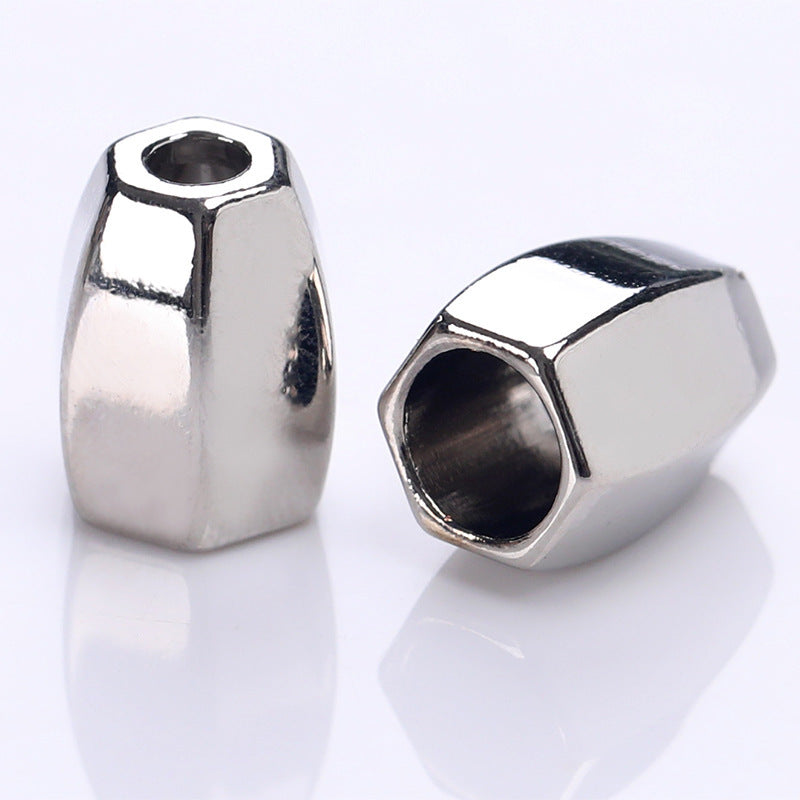 Silver diamond-shaped metal cord lock stopper, shiny finish, round cord opening