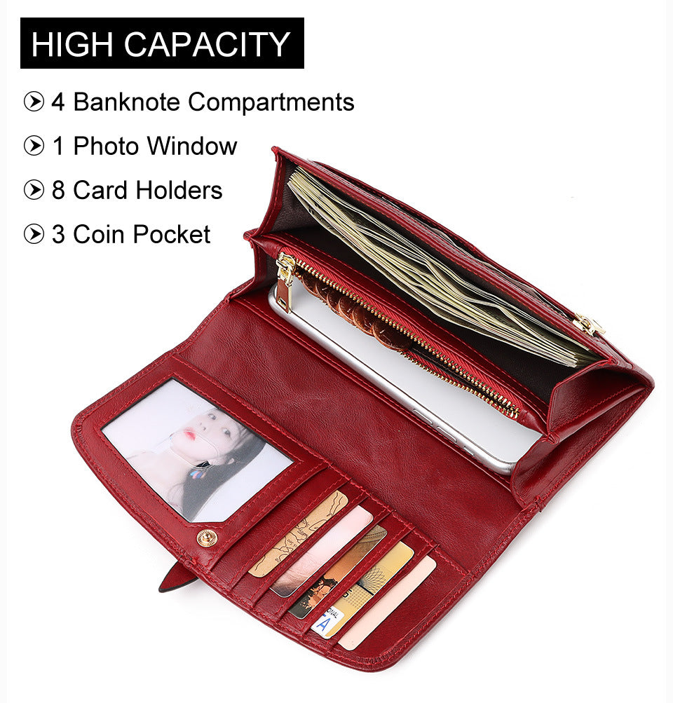 Women's Genuine Leather RFID Wallet – Long Zip Clutch Full Grain Cowhide
