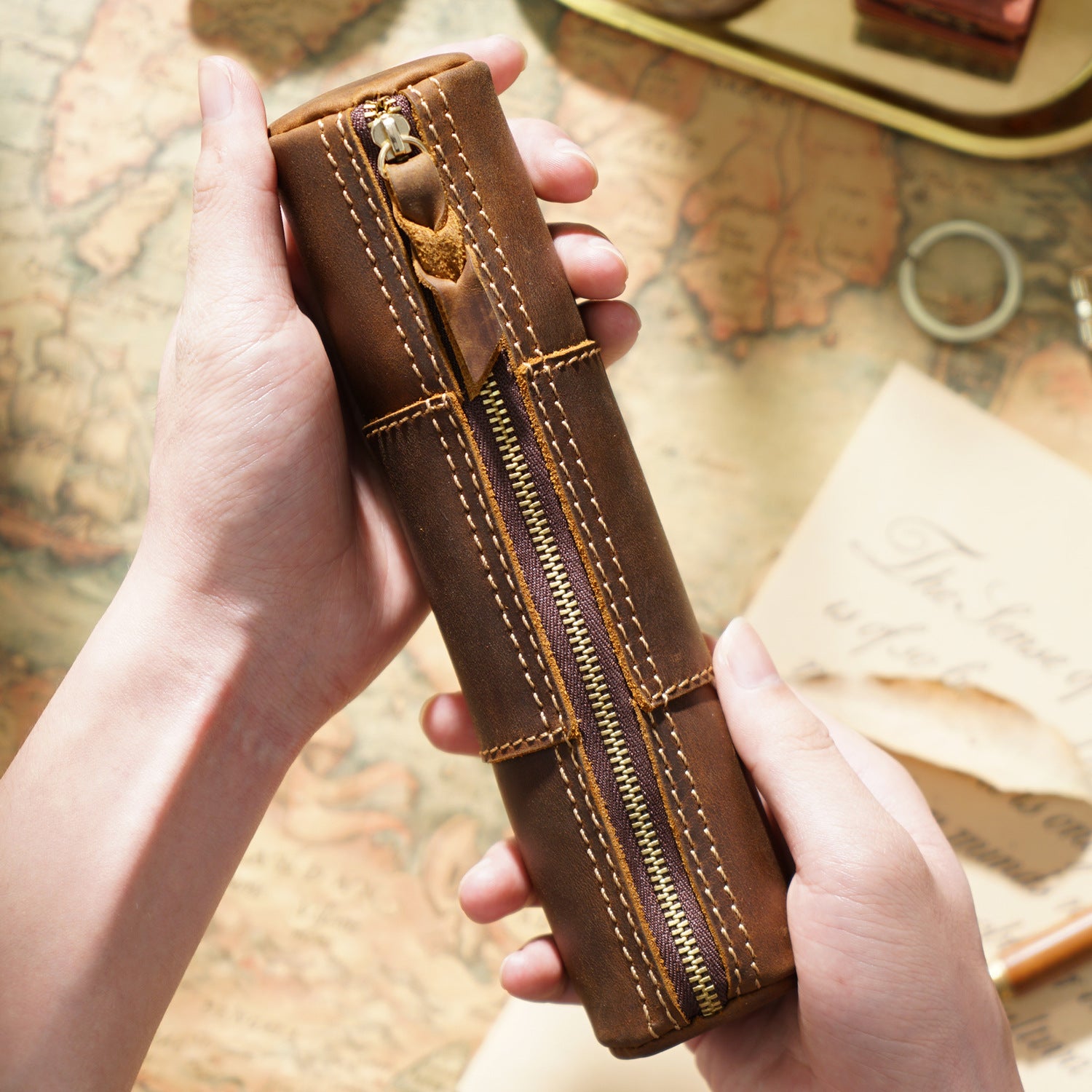 Handmade Vintage Crazy Horse Leather Pencil Case