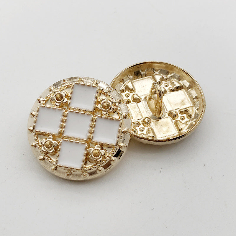 Gold 22mm round rhinestone shank button, white grid pattern with ornate edging