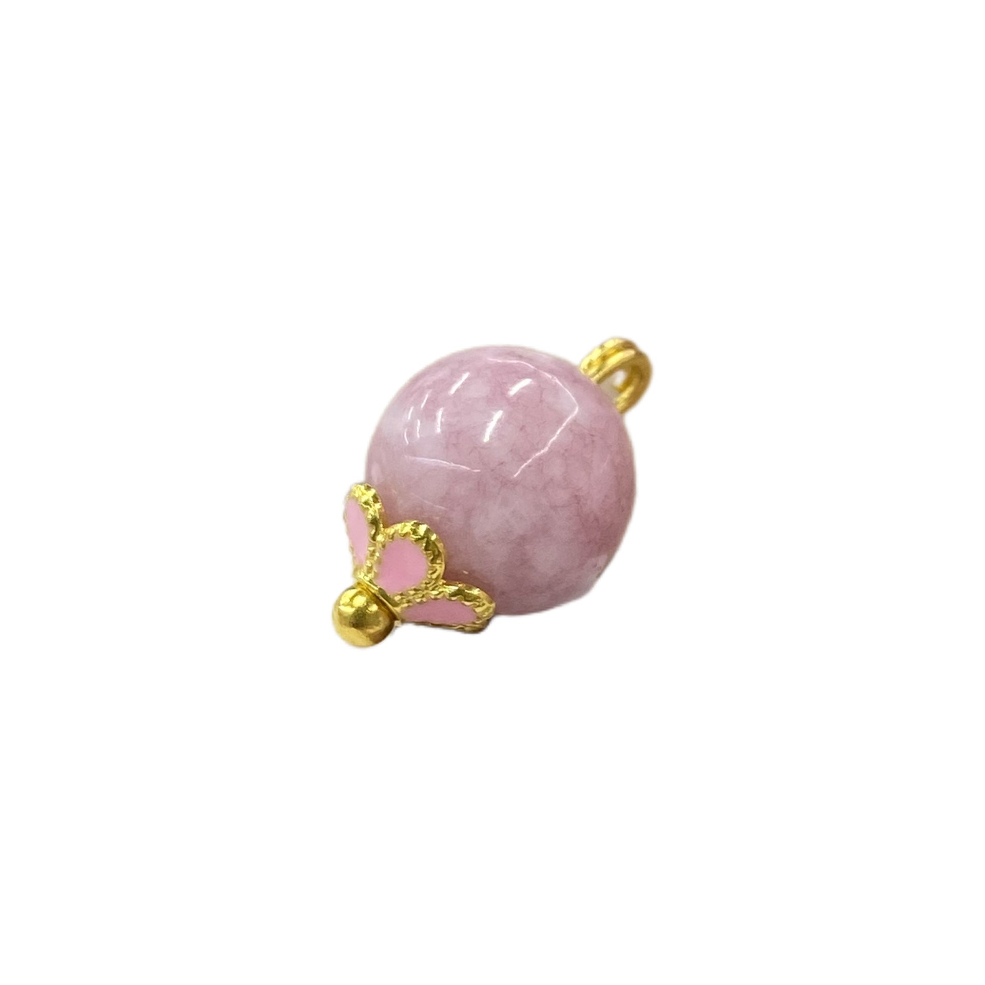 10mm pink jade-look ball button with gold-tone floral base loops