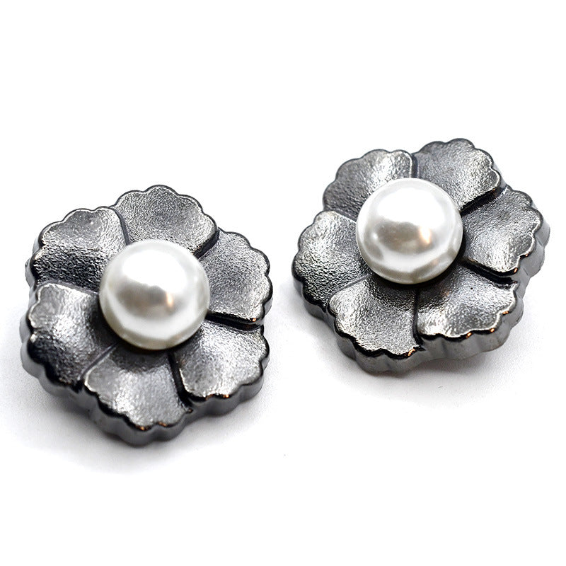 Nickel 6-petal flower pearl metal shank button, round faux-pearl center (2-pack view)
