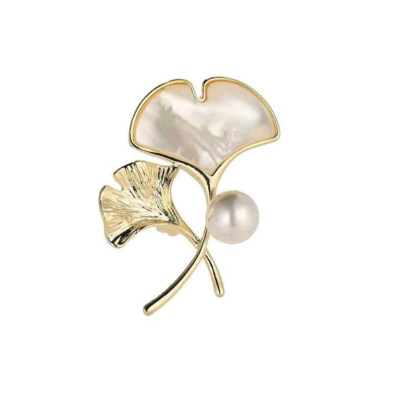 Gold ginkgo leaf brooch pin with mother-of-pearl heart and freshwater pearl