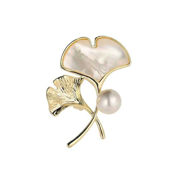 Gold ginkgo leaf brooch pin with mother-of-pearl heart and freshwater pearl
