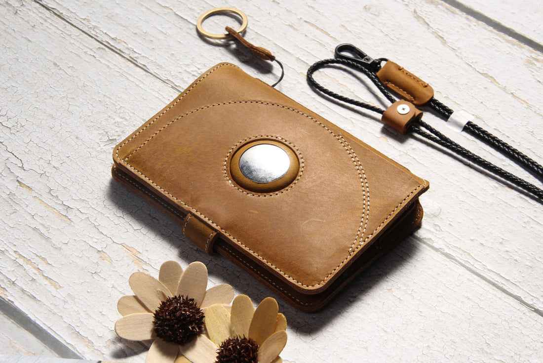 Leather Passport Wallet with AirTag Finger Ring Neck Strap