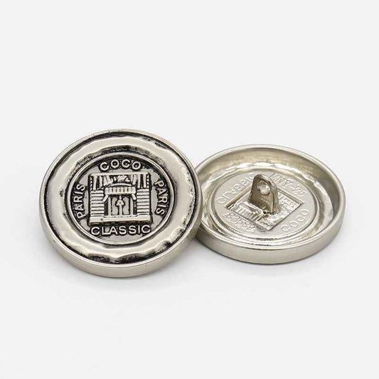 Light Silver metal shank button, frosted Paris “CLASSIC” front and back pin