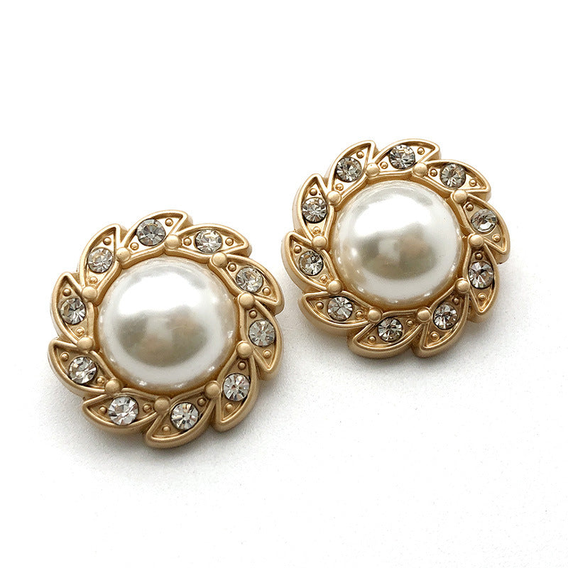 Gold round button with faux pearl center and rhinestone lace trim, metal shank