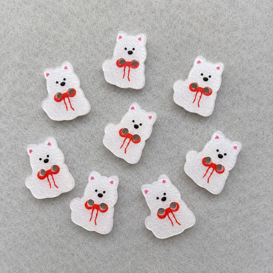 Set of white puppy dog resin buttons with red bows and black faces