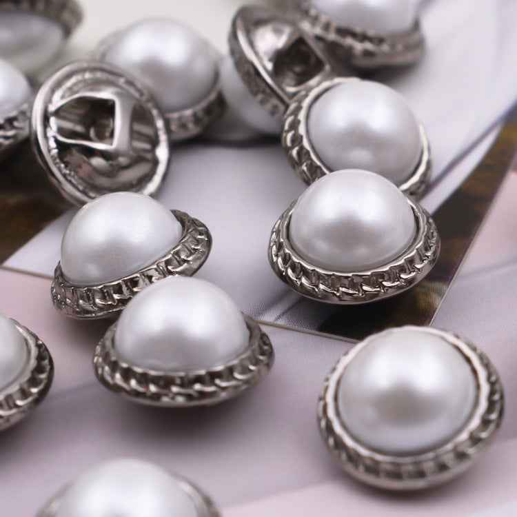 10mm pearl shirt buttons with silver-tone scalloped rims and domed pearl fronts