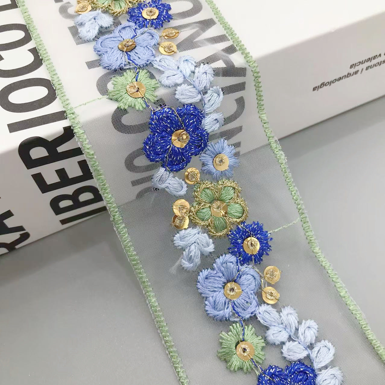 5cm floral sequin organza lace trim in light blue and royal blue with gold centers