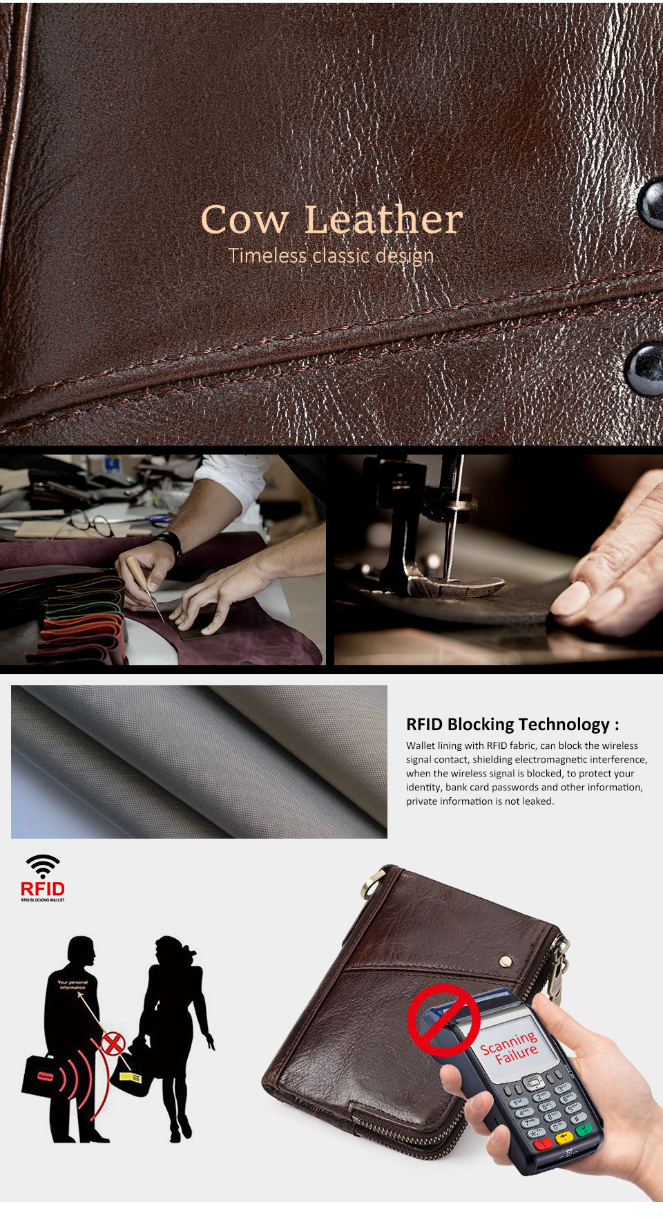 RFID Blocking Leather Short Wallet with Double Zipper