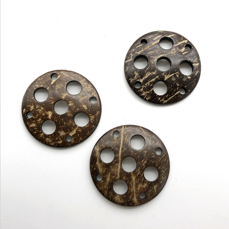 Round 9-hole coconut shell decorative buttons, 44mm; set of 3 shown, dark brown.