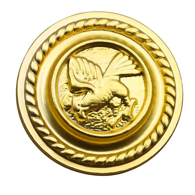 Gold round metal shank button with embossed gryphon crest in double border
