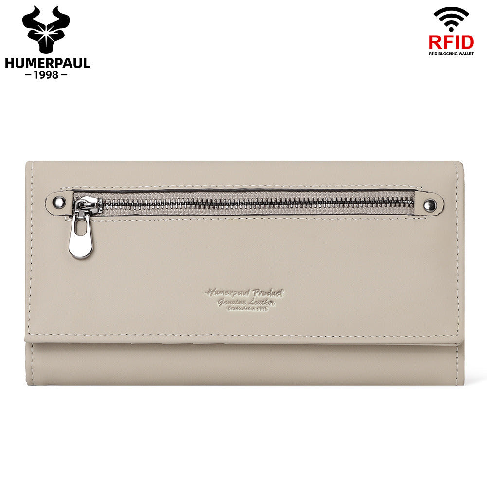 RFID Blocking Genuine Leather Long Clutch Wallet for Women Beige