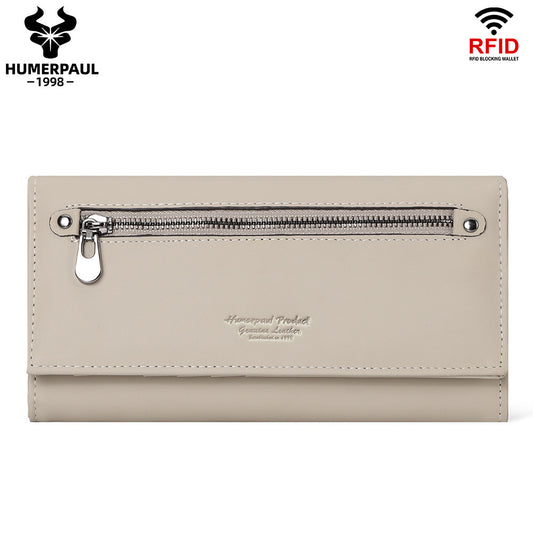 RFID Blocking Genuine Leather Long Clutch Wallet for Women Beige