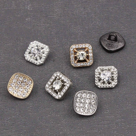 Square rhinestone shank buttons, assorted looks: gold, silver, and black with clear crystal centers