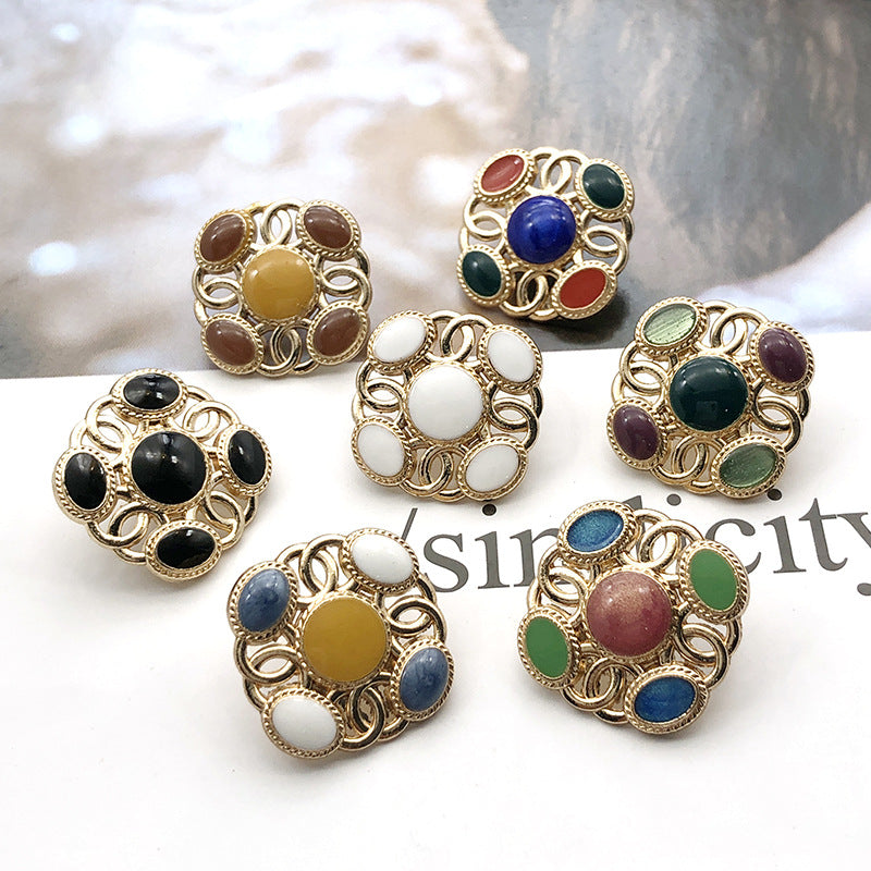Square metal shank pearl buttons, gold-toned frame with mixed colored centers