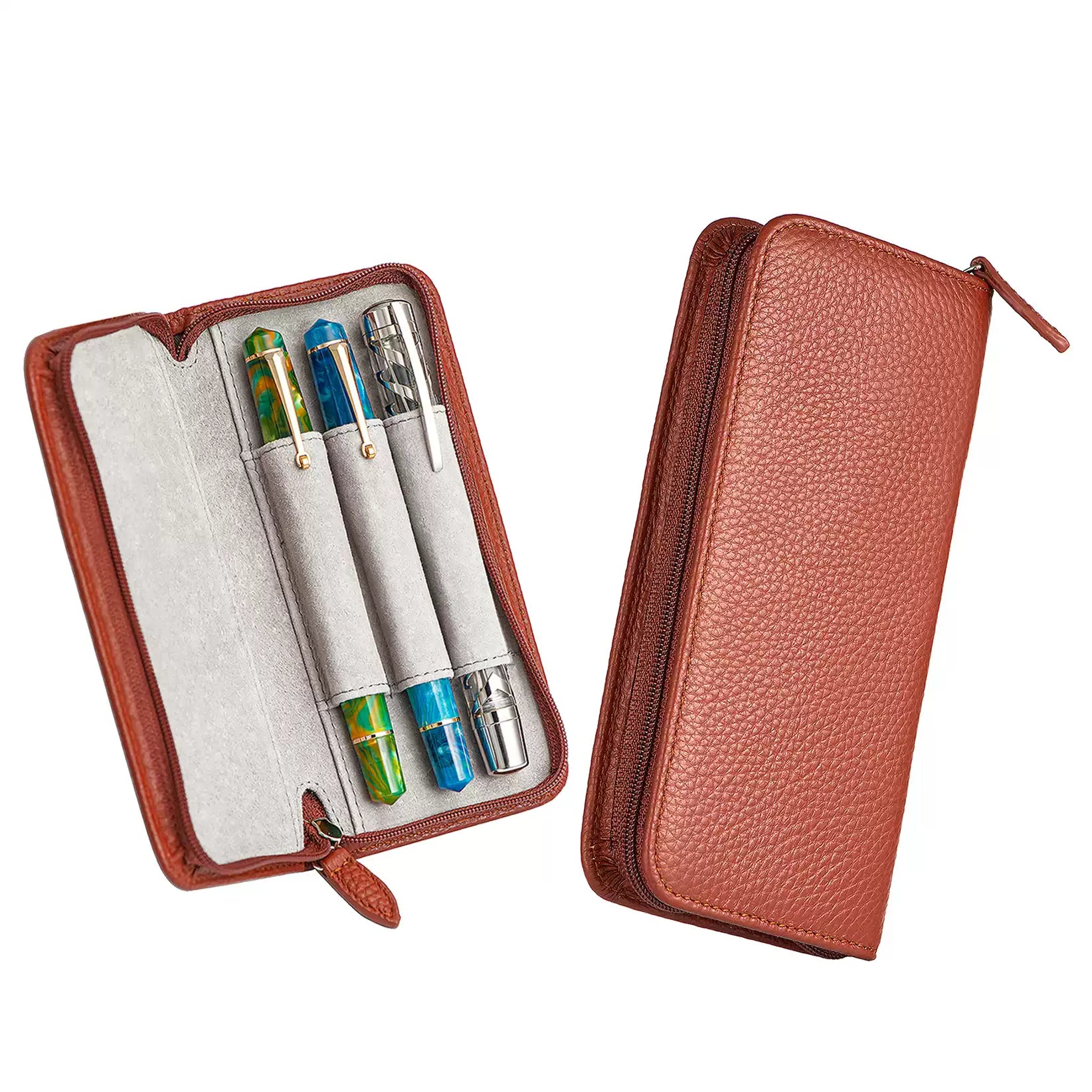 Asvine 3-Pen Top-Grain Cowhide Leather Zipper Fountain Pen Case