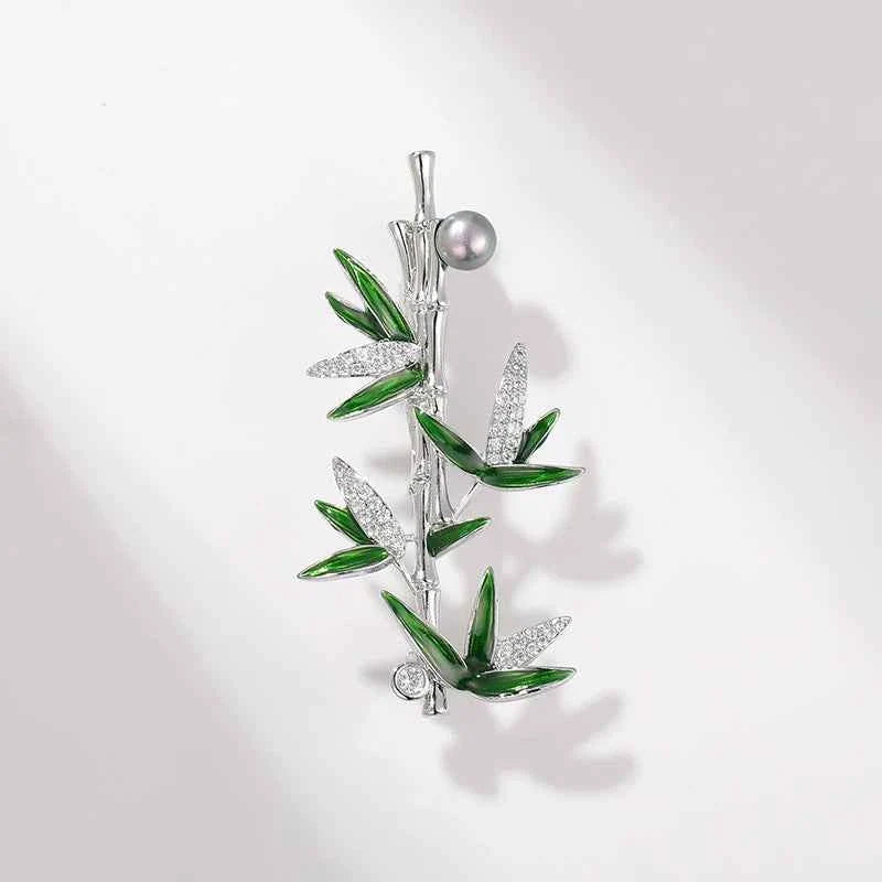 Silver bamboo pearl brooch pin with round white pearl and green enamel leaves