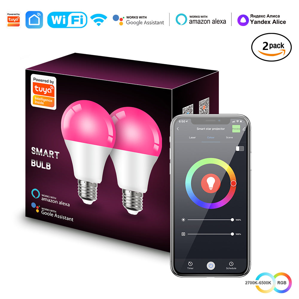 Tuya Smart LED Bulb E27 9W, WiFi & Bluetooth RGB Color Changing Light 2 Pack