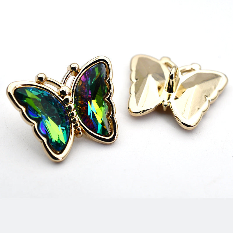 Butterfly crystal glass metal shank buttons, green and rainbow iridescent gems, gold-tone