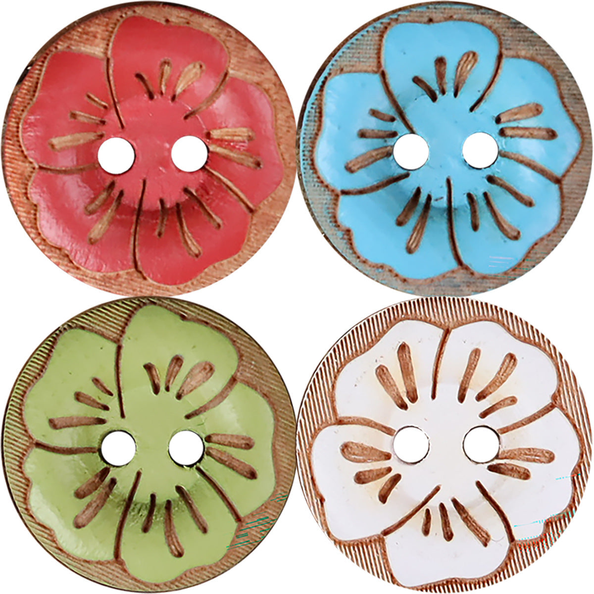 Set of round 2-hole wood buttons with painted floral designs in pink, blue, green, white.