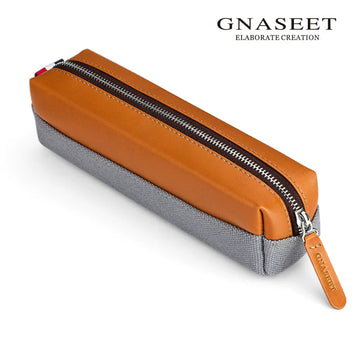 GNASEET Genuine Leather & Canvas Pencil Case – Large Capacity 20-Pen Student Stationery Pouch | 200x48x55mm