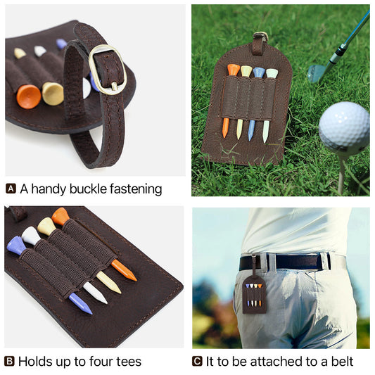 Leather Golf Ball Tee Holder – Coffee Brown Belt Clip Waist Tag Pouch Holds 4 Tees