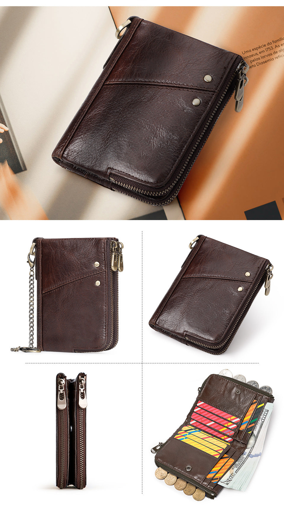 RFID Blocking Leather Short Wallet with Double Zipper