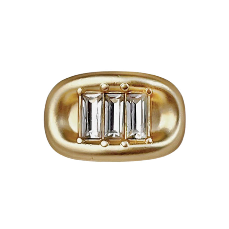 Light gold ingot rhinestone metal shank button, oval frame with baguette stones