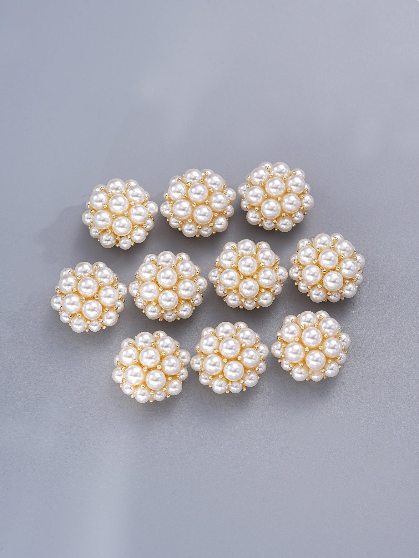 Gold pearl flower metal clamp decorative buttons with white bead clusters (set).