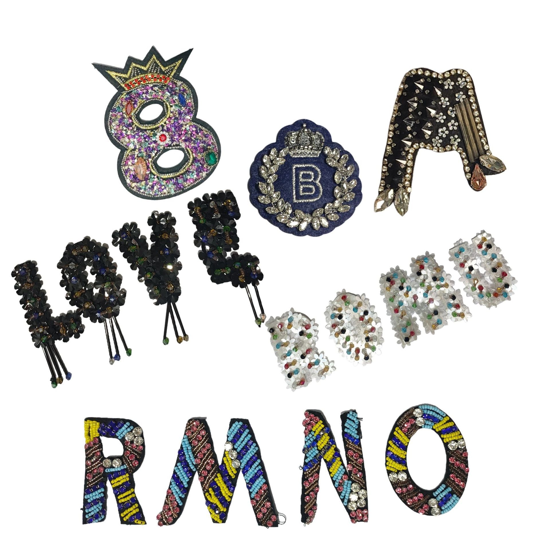 Sequin and crystal letter patches set of 6, assorted designs with colorful embellishments