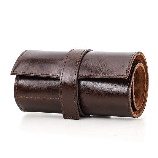Estuche de viaje para reloj de cuero de vaca con cera y aceite de grano completo, con 6 compartimentos.