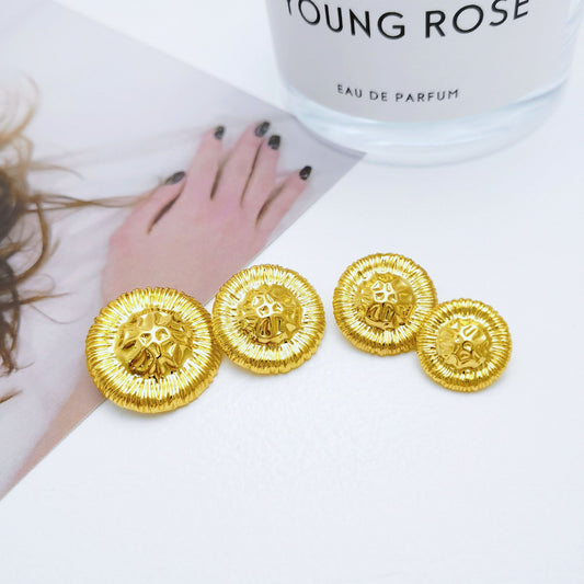 Irregular convex gold metal shank buttons, front view, 5 pcs