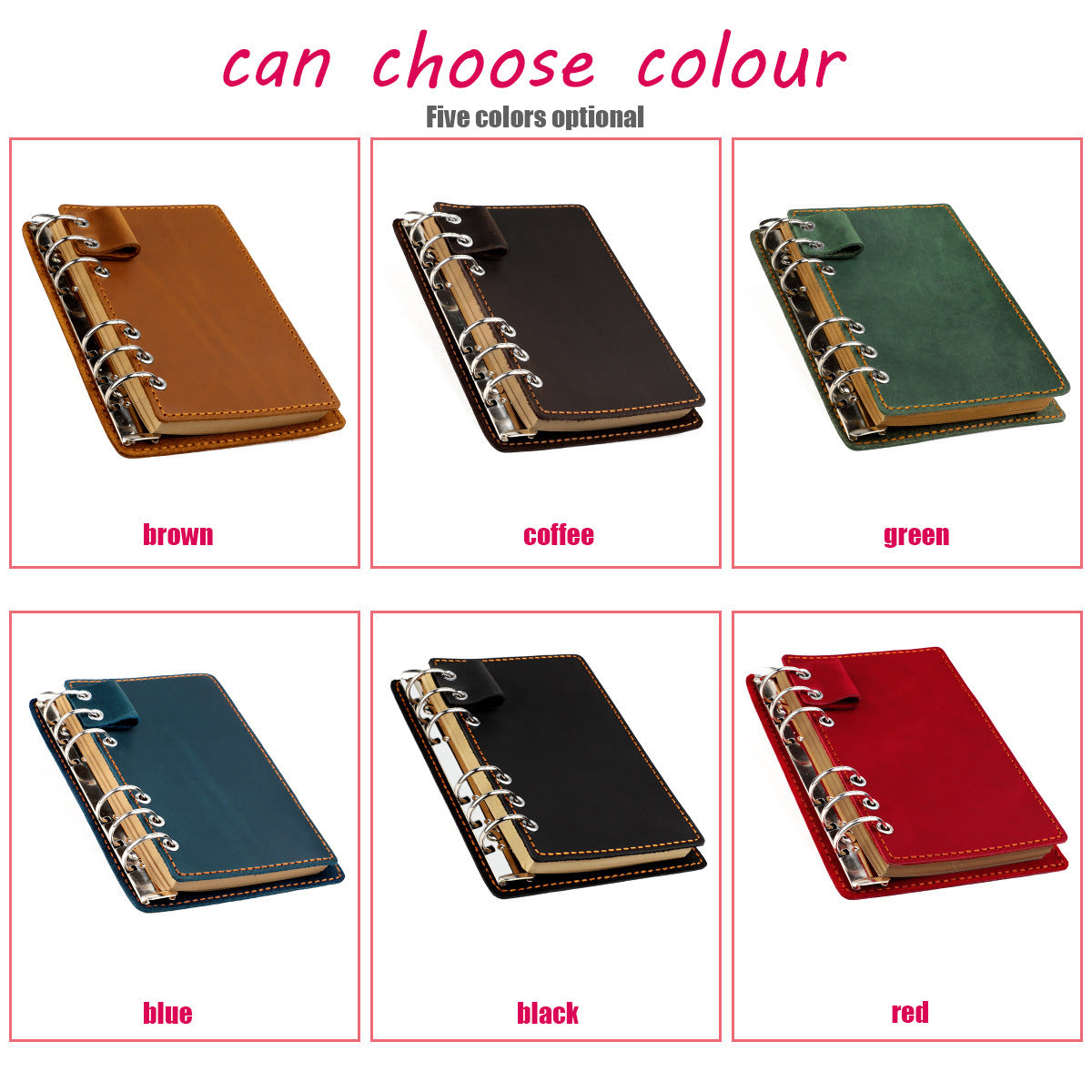 6 Ringed Notebook Half Letter A6 Vintage Genuine Leather 6-Ring Binder Notebook with Pen Loop