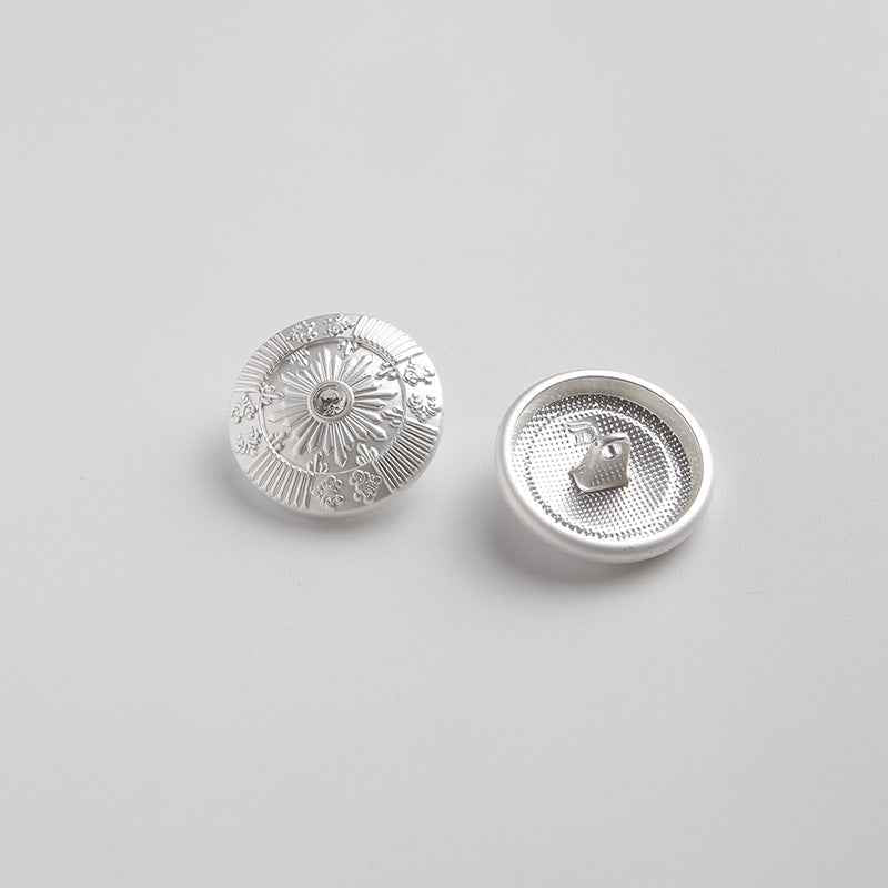 Light silver sun shank button set: front with crystal and back with shank
