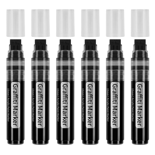 6Pcs Black Permanent Graffiti Markers 15mm Wide Tip Acrylic Paint Pen