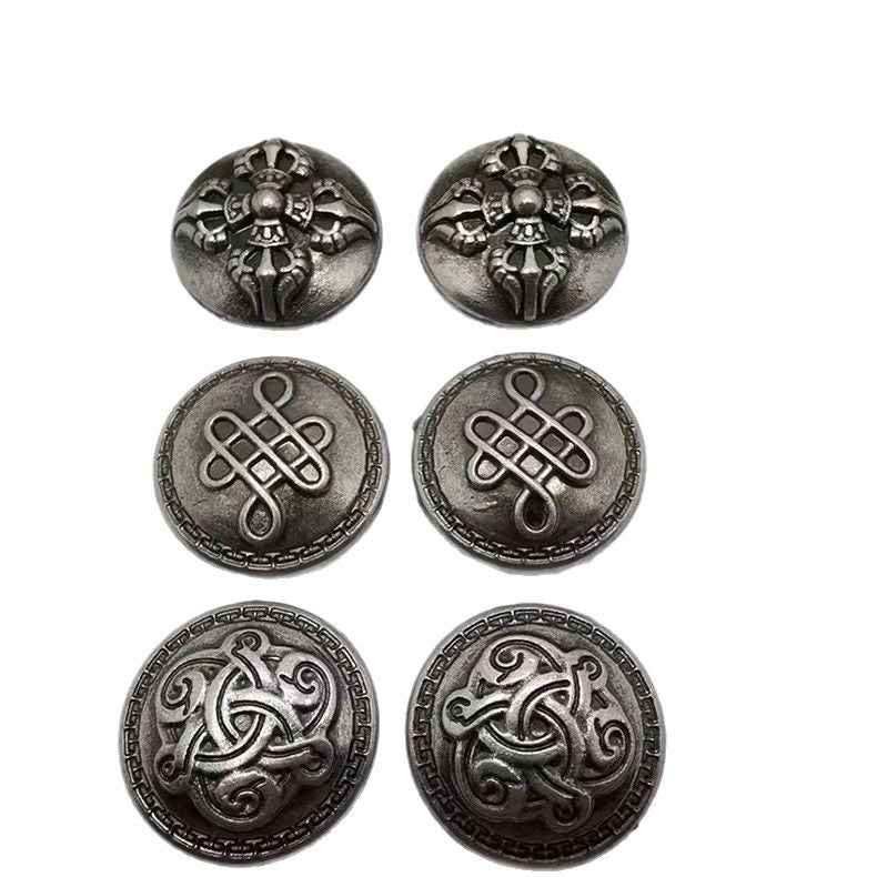 Set of round antique-silver gothic cross rivet studs with embossed front designs