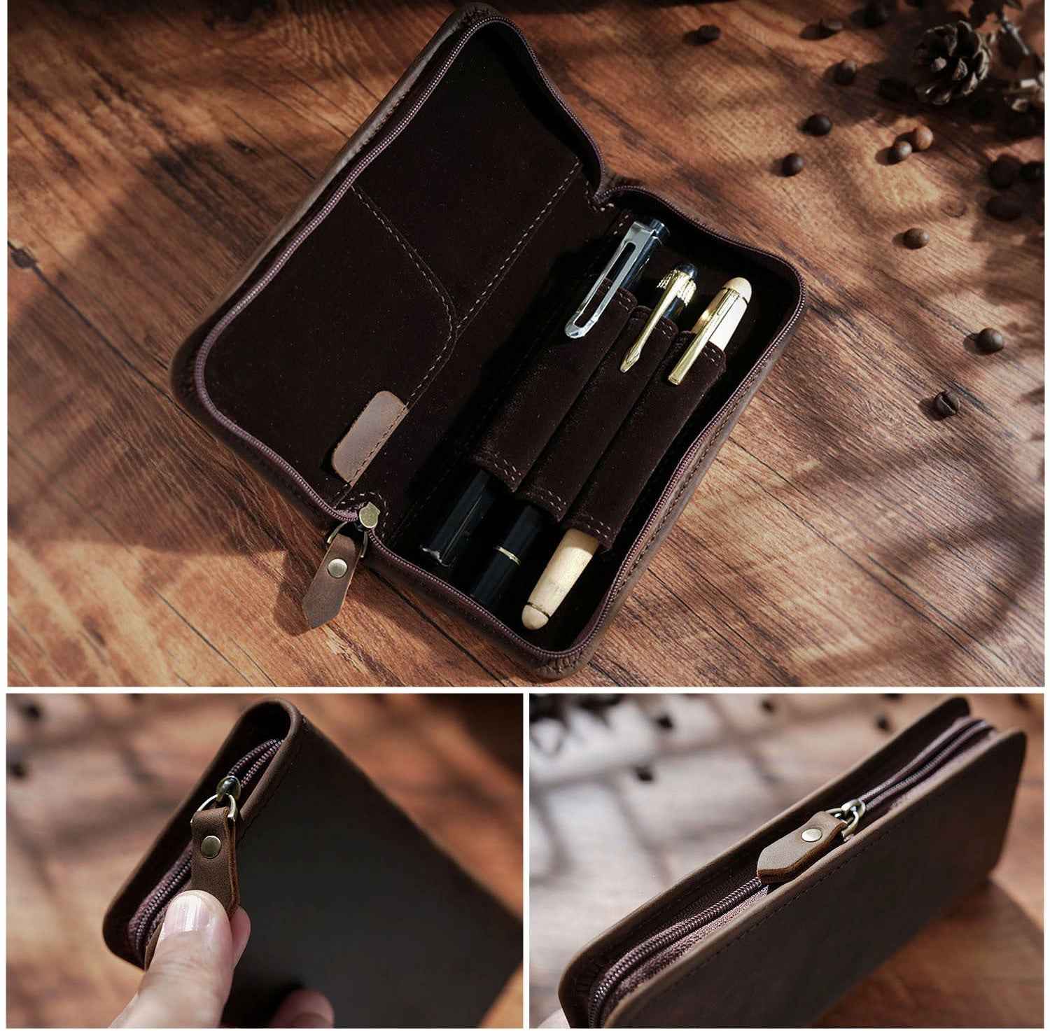 Crazy Horse Leather Fountain Pen Pouch Full-Grain Cowhide Zipper Case