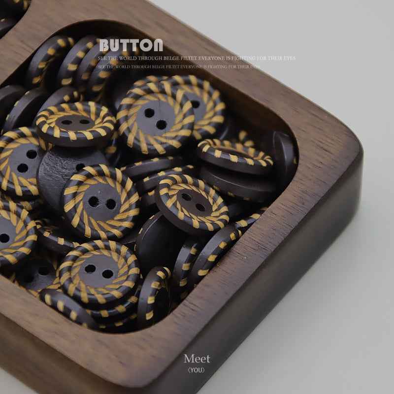 Set of round 15mm wood buttons, dark brown with yellow rope pattern, two holes