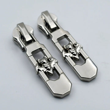 Metal zipper pulls, silver tone, rectangular plate with claw emblem, 10-pack