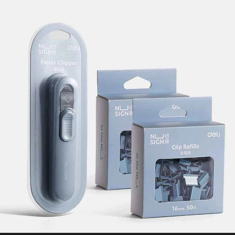 Deli Nusign Push Clip Dispenser with 100 Clips 16mm Blue