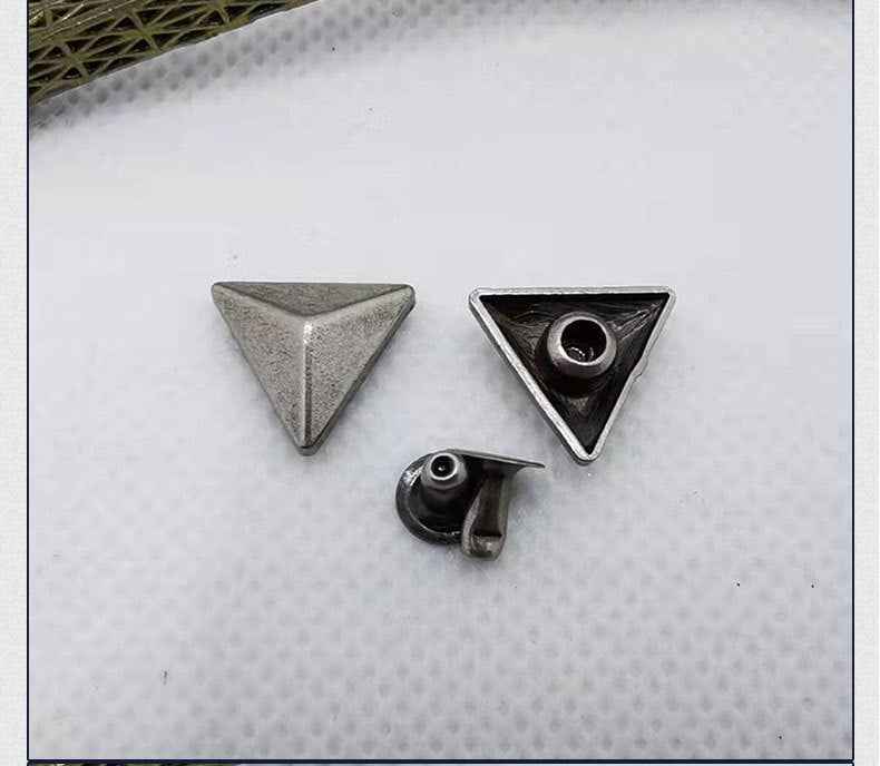 Triangle rivet studs, antique silver: front face, reverse cup, and side view pin