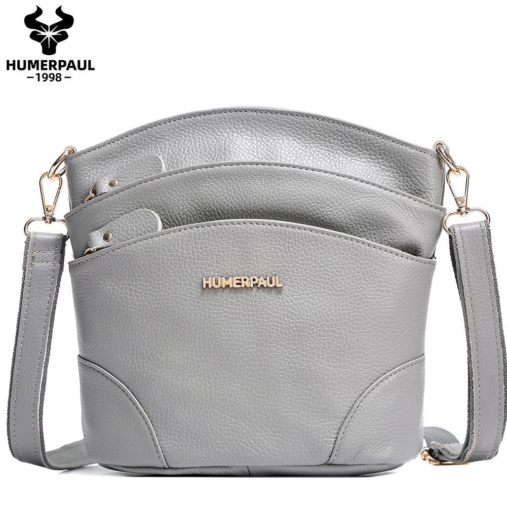 Top Grain Leather Women's Crossbody Bucket Shoulder Bag Grey