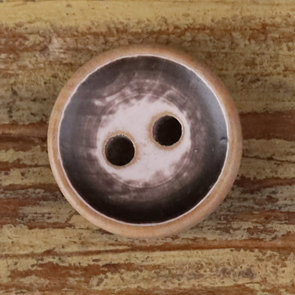 Round iridescent wood button, dark gray metallic sheen, two holes