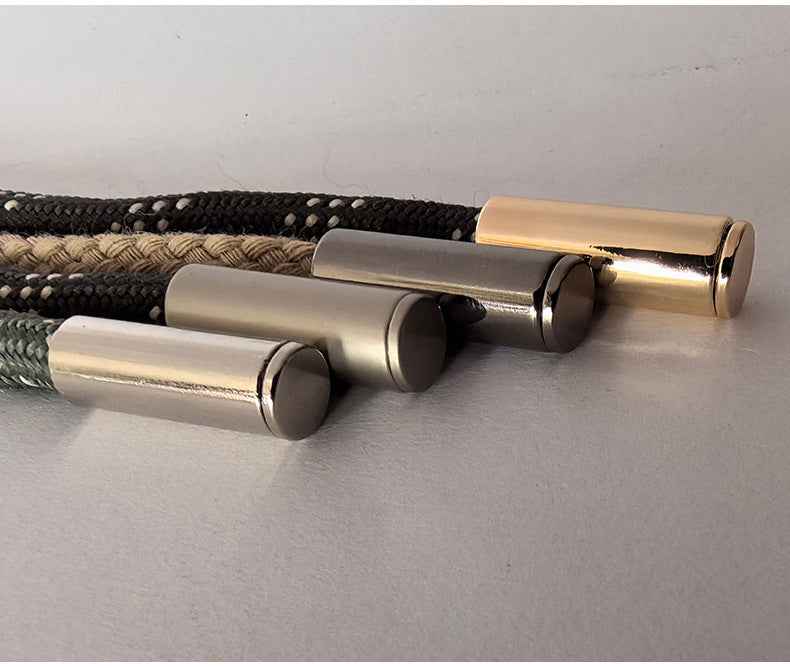 Metal cylinder drawstring stoppers attached to braided cords, silver and gold tones