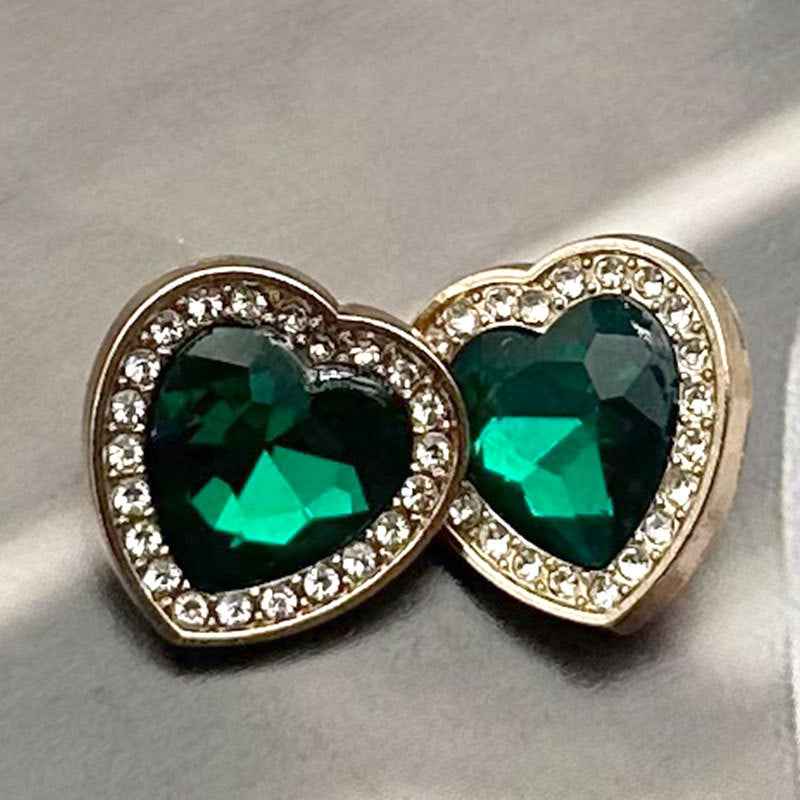 Heart-shaped gem buttons, goldtone metal, faceted green stones, set of 10