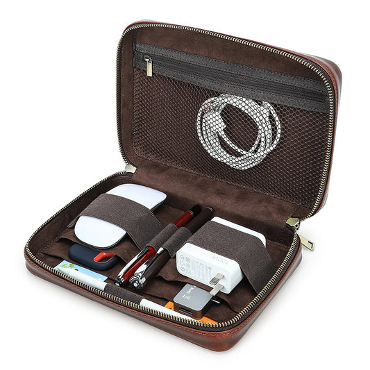 Full-Grain Cowhide Leather Tech Organizer Bag Cable & Digital Accessories Pouch